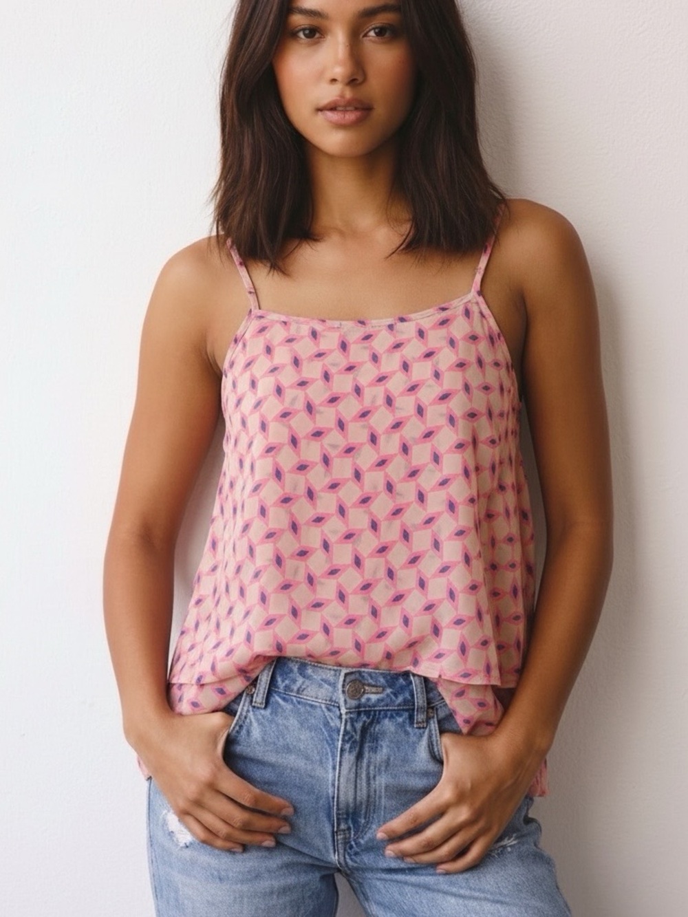 Aqua Pink Geometric Print Spaghetti Strap Camisole Layered Hem